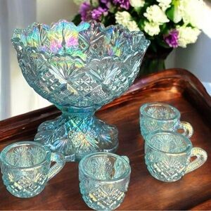 Westmoreland Thumbelina Blue Iridescent Carnival Glass Mini Punch Bowl Set